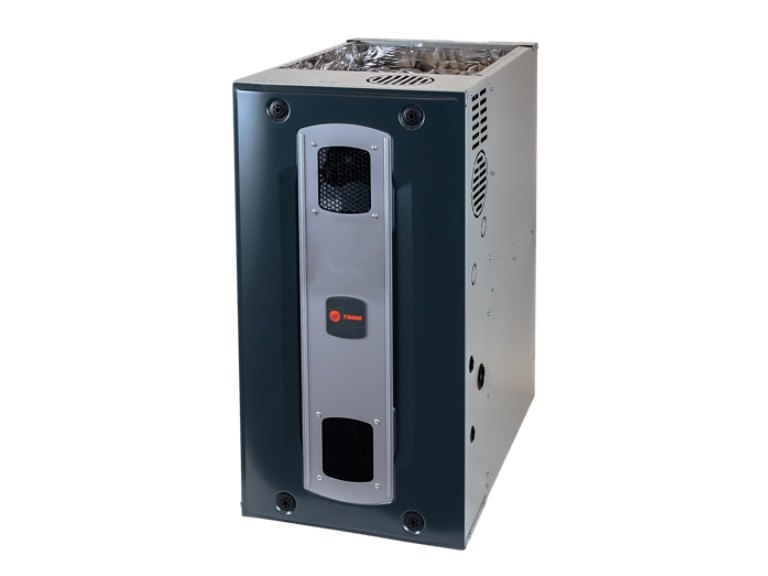 Trane furnace cabinet showing the front panel, side knockouts, and heat exchanger compartment